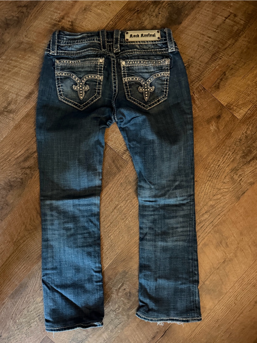 Rock Revival Dark Blue Bootcut Capri Jeans with Studded Embroidered Pockets 27